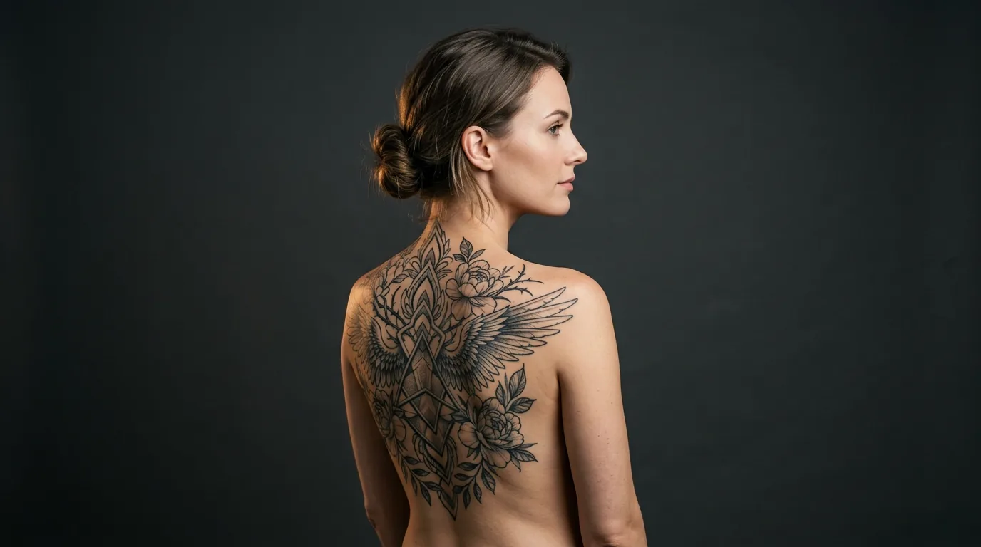 Woman showing large custom illustrative upper back tattoo spanning both shoulder blades in editorial studio lighting