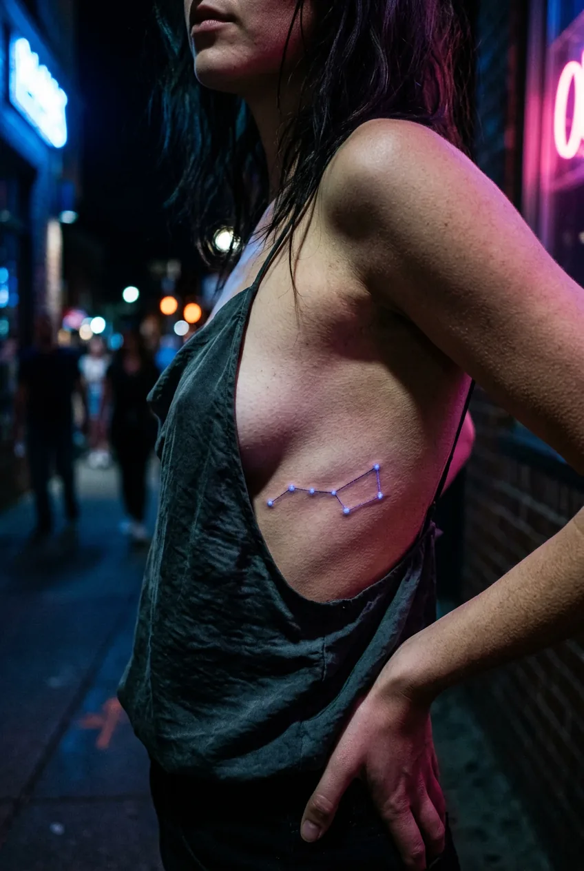 Woman's ribcage with UV constellation tattoo glowing subtly under mixed blue and pink neon street lighting