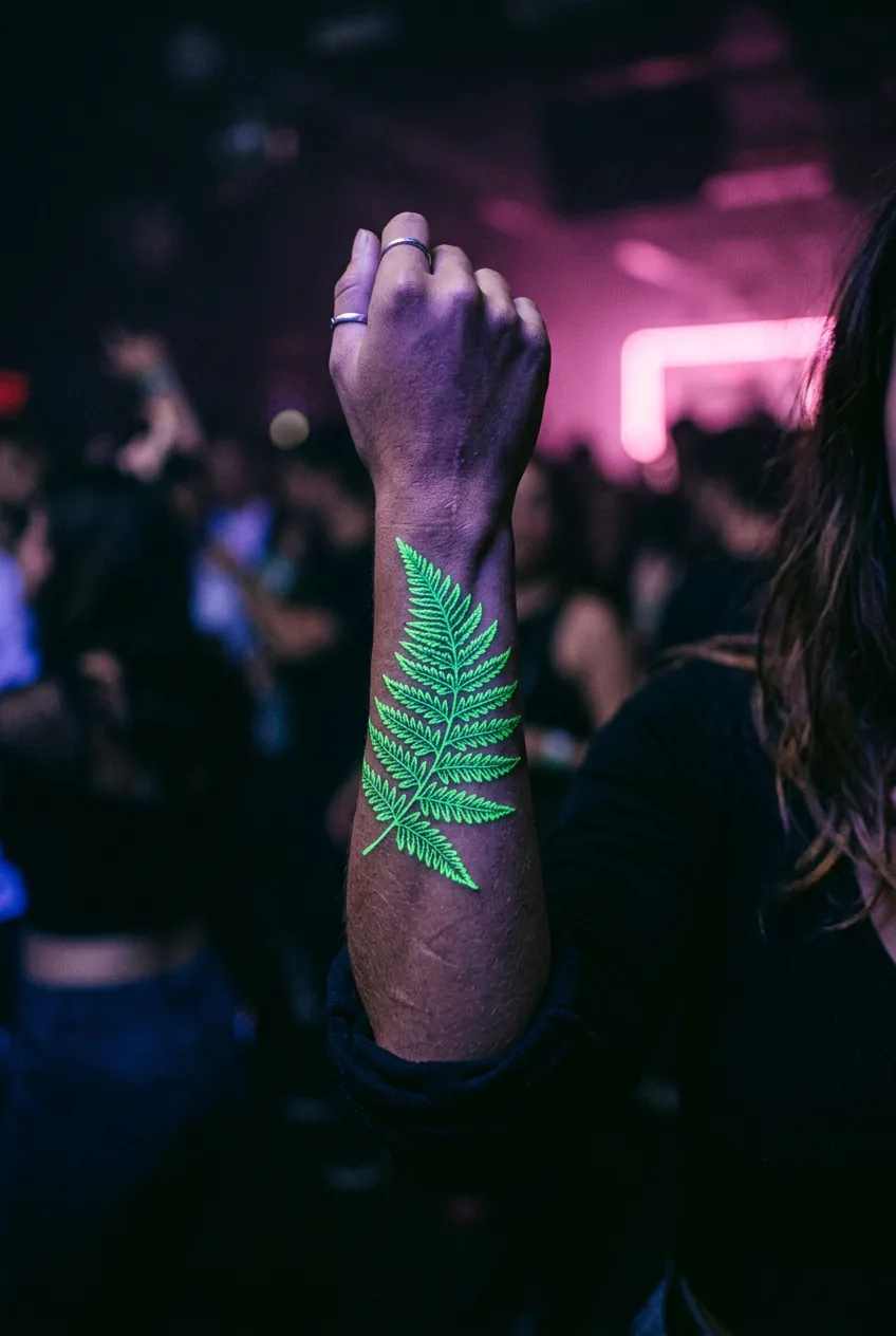 Close-up of woman's forearm with UV-reactive fern tattoo glowing green under nightclub lighting with pink neon background