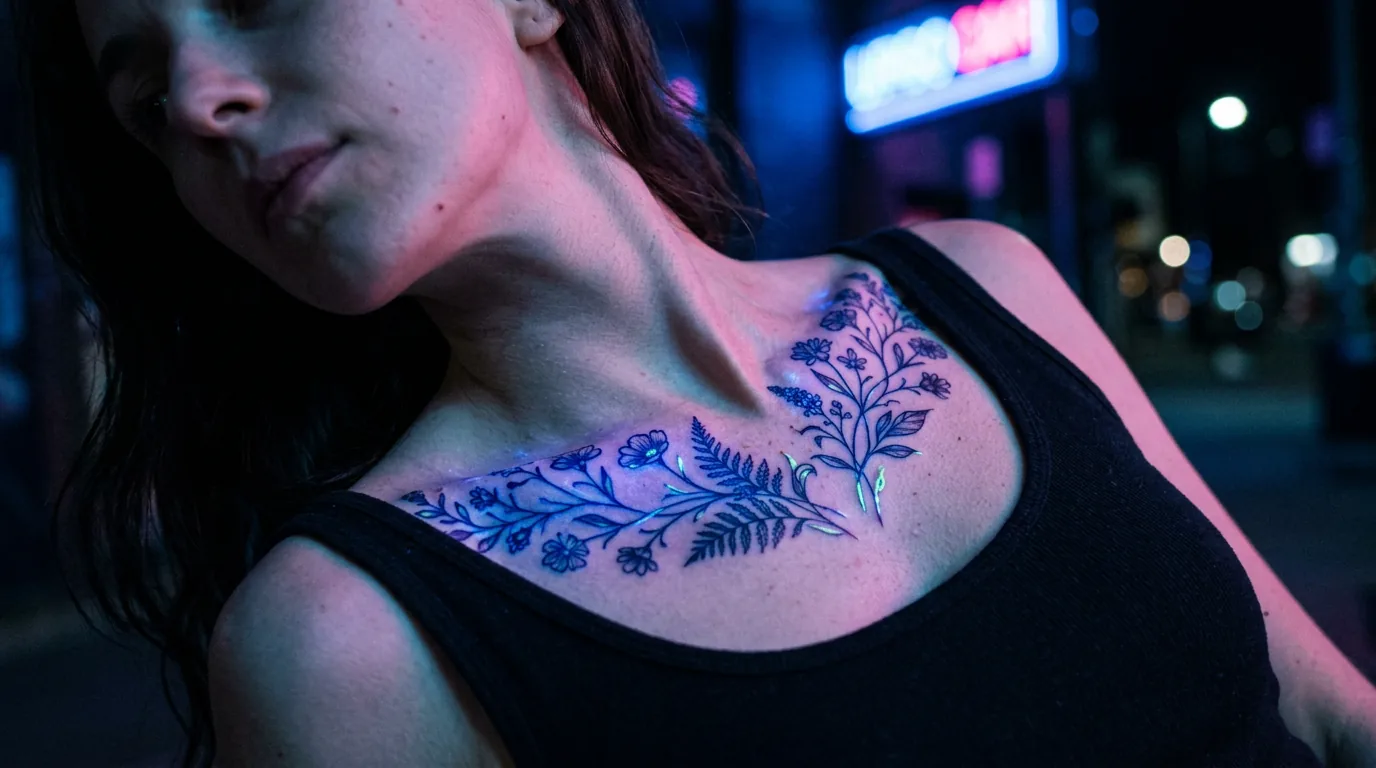 Woman's collarbone with glowing botanical UV tattoo bathed in blue and pink neon light on a city street at night