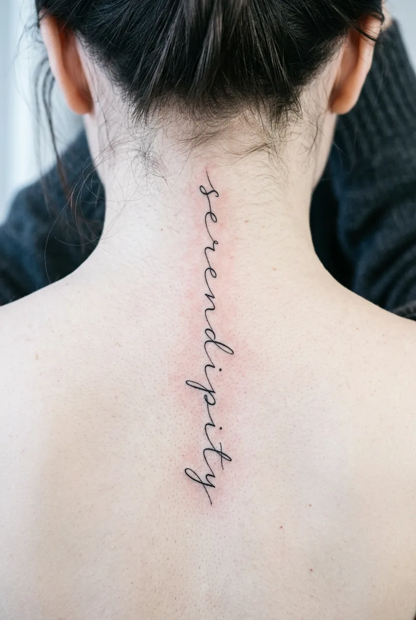 Macro view of short vertical script tattoo on a woman's upper spine just below the nape of the neck