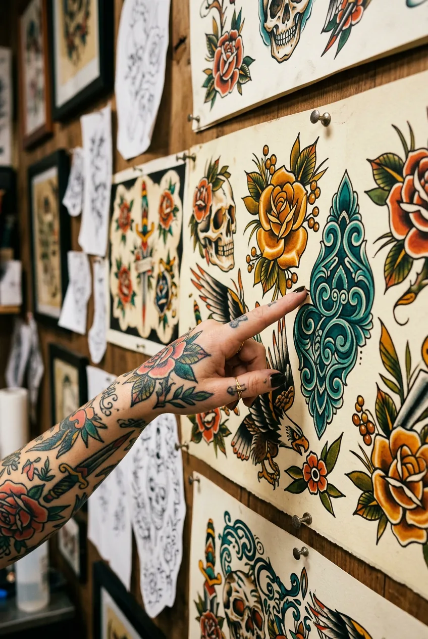 Tattooed woman's hand pointing to warm amber and cool teal colour details on a neo-traditional flash art sheet in a tattoo studio