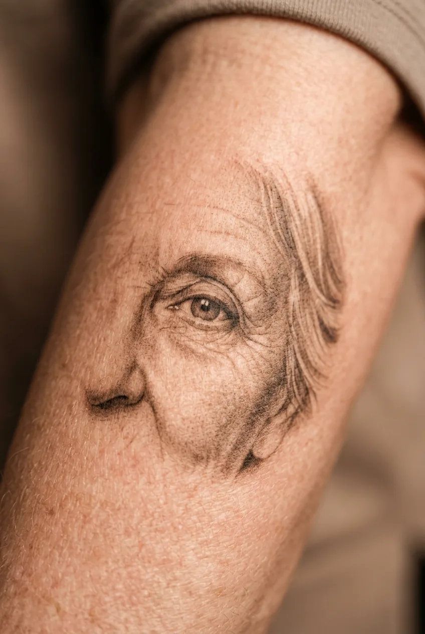 Macro detail of warm sepia-toned grey wash tattoo on a woman's upper forearm with warm studio side lighting