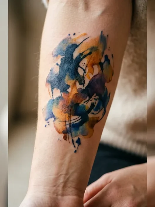 Woman's inner forearm with loose watercolor abstract tattoo in navy and amber ink tones under soft studio lighting