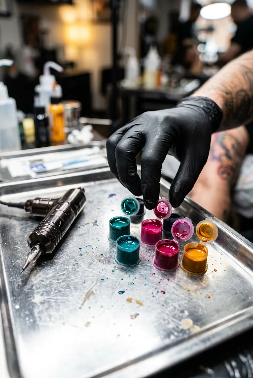 Open teal magenta and amber pigment caps arranged on a steel tray beside a tattoo machine under spotlight