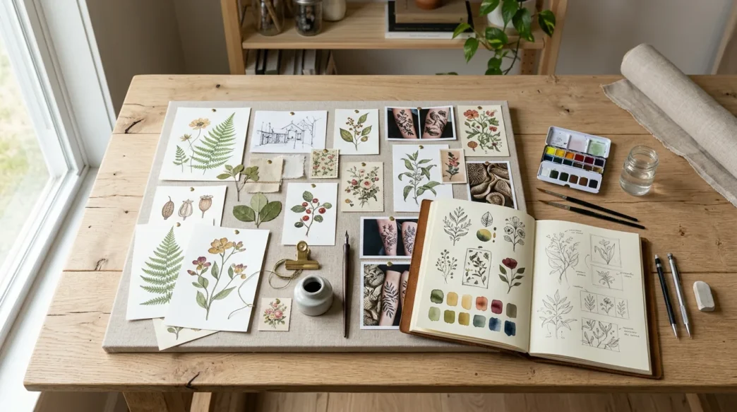 Flat lay of watercolor tattoo reference prints and color swatches on a wooden desk in natural light