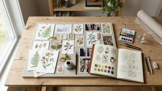 Flat lay of watercolor tattoo reference prints and color swatches on a wooden desk in natural light