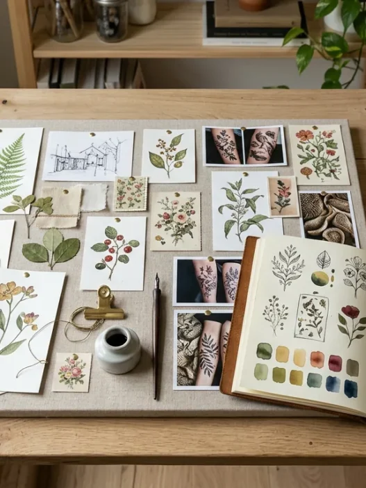 Flat lay of watercolor tattoo reference prints and color swatches on a wooden desk in natural light