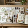 Flat lay of watercolor tattoo reference prints and color swatches on a wooden desk in natural light
