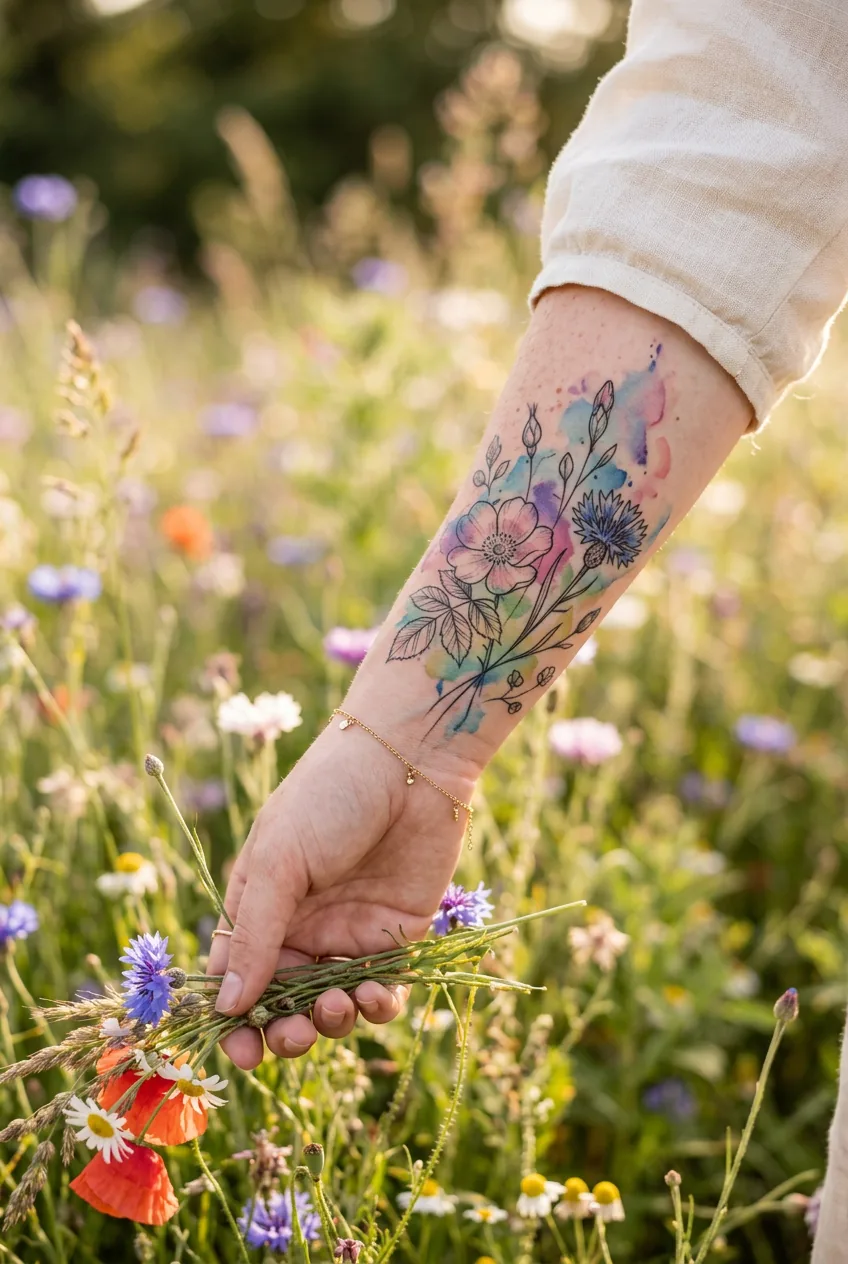 Woman's wrist showing watercolor-wash illustrative tattoo with botanical line drawings surrounded by wildflowers in soft light