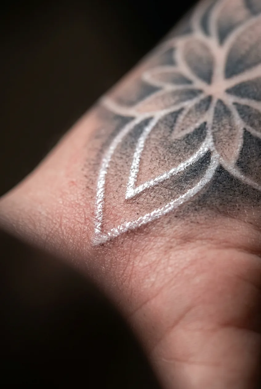 Macro photography of white ink highlight glowing within a grey wash tattoo on a woman's wrist in studio light