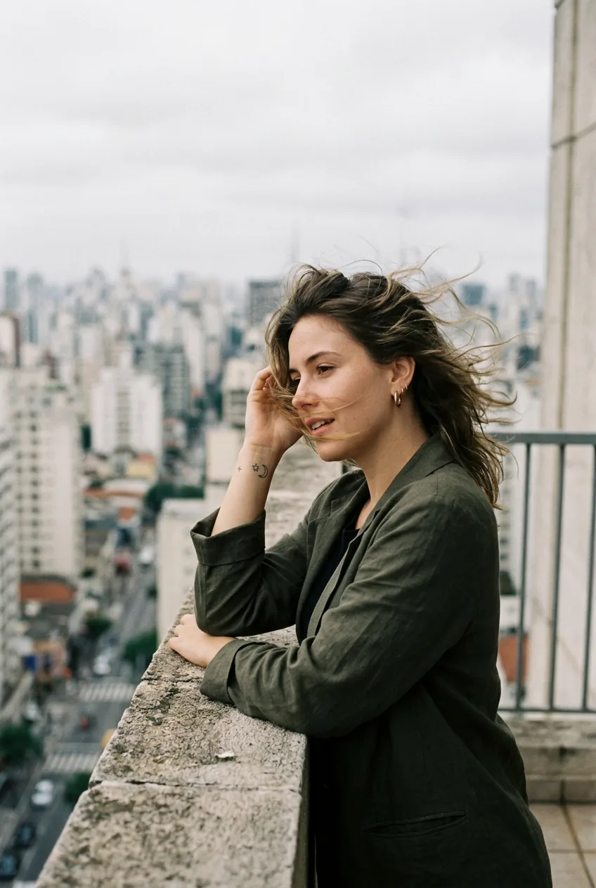 Woman on balcony with wind-lifted hair raising tattooed forearm against a blurred urban skyline