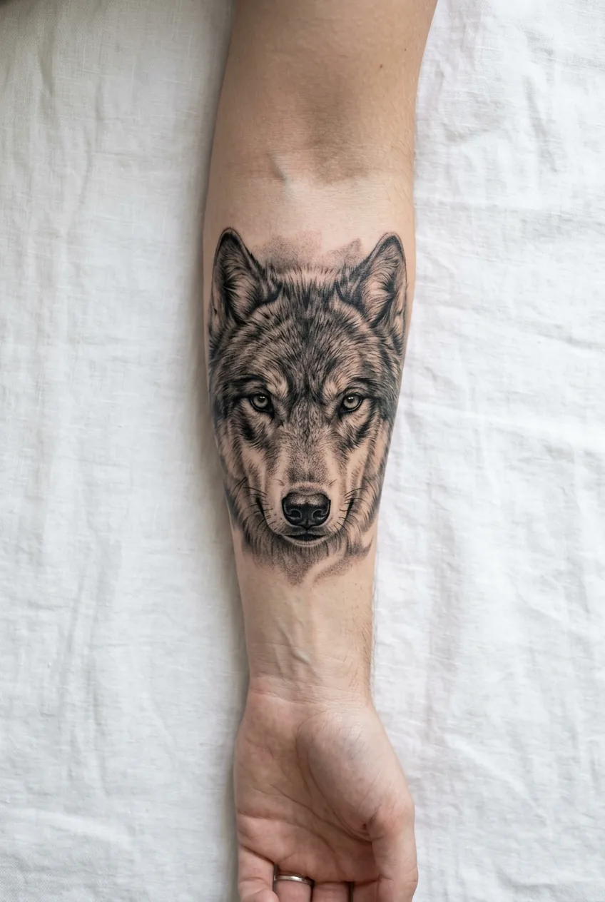 Overhead close-up of a woman's forearm on white linen showing a black and grey realism wolf face tattoo with detailed fur texture and misty edges