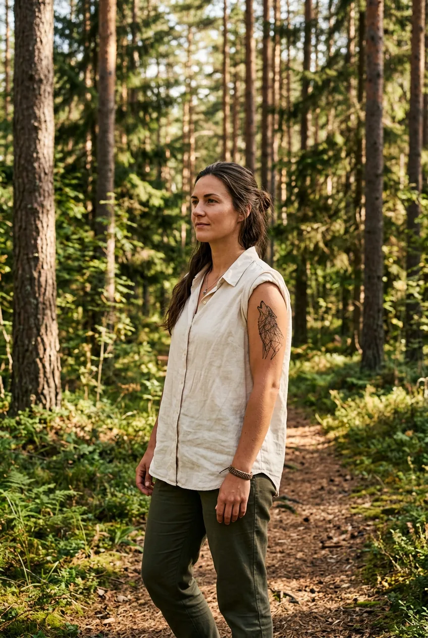 Woman with a fine-line wolf tattoo on her upper arm standing in a pine forest in dappled light