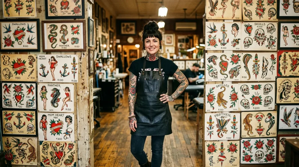 Tattooed woman standing before a wall of traditional flash art sheets under warm studio lighting
