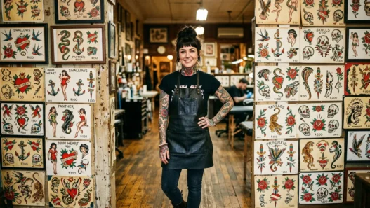 Tattooed woman standing before a wall of traditional flash art sheets under warm studio lighting