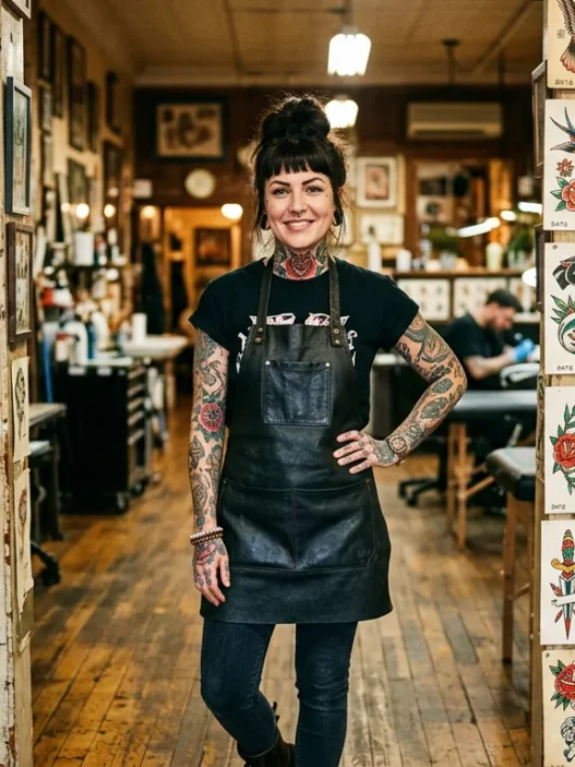 Tattooed woman standing before a wall of traditional flash art sheets under warm studio lighting