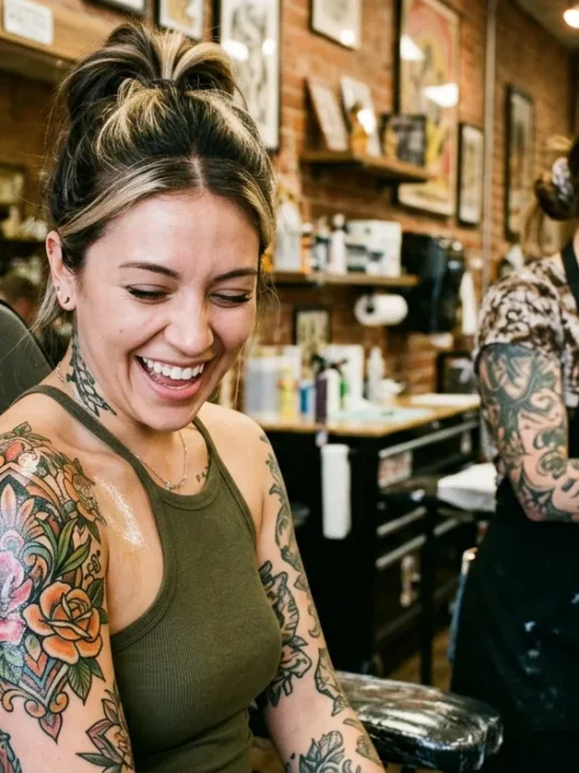 Woman in tattoo studio looking down at fresh large shoulder tattoo with delighted expression as artist adjusts wrap nearby