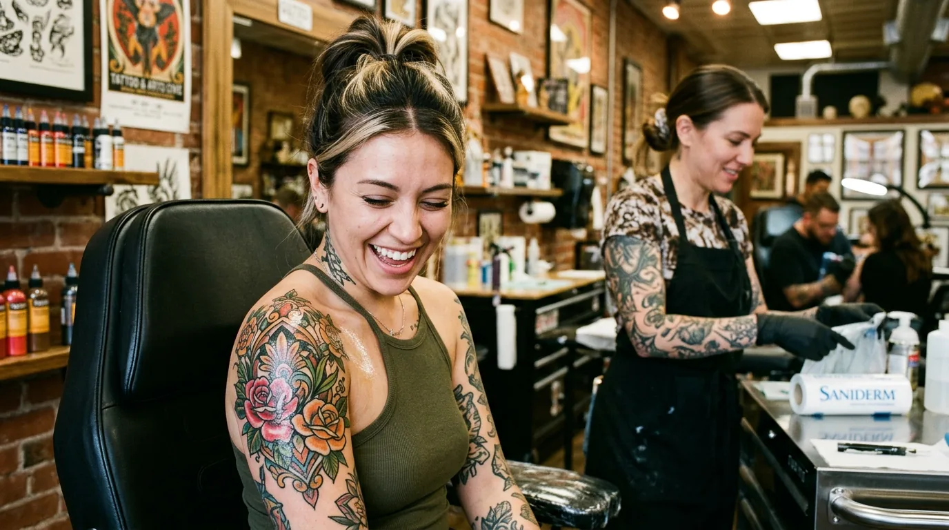 Woman in tattoo studio looking down at fresh large shoulder tattoo with delighted expression as artist adjusts wrap nearby
