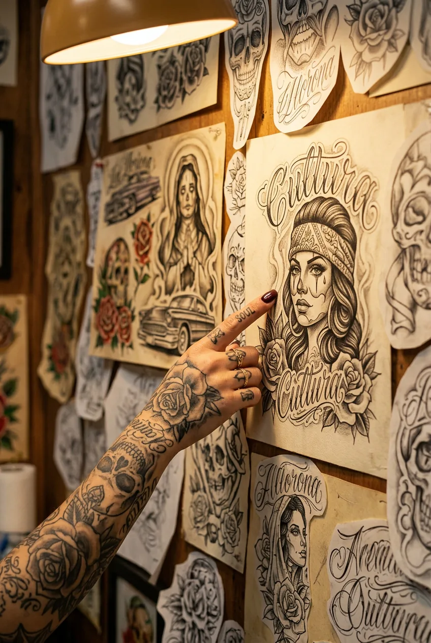 Close-up of tattooed woman with painted nails pointing to a portrait composition on a chicano flash art sheet in warm studio light