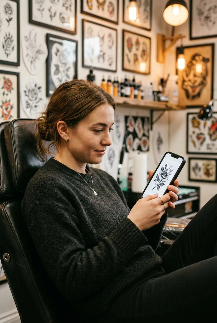 Woman sitting in tattoo studio chair holding phone displaying one clear reference image with focused expression