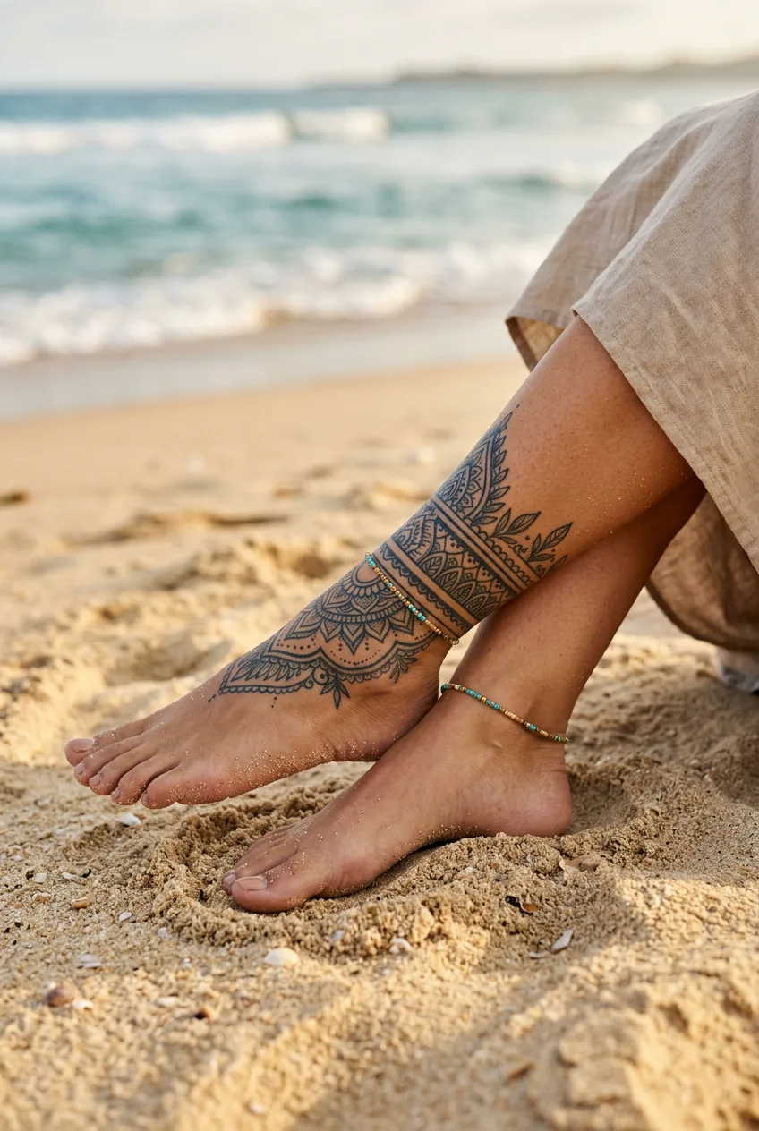 Two crossed ankles resting on golden beach sand showing a full wrap-around ankle cuff tattoo design in soft coastal light