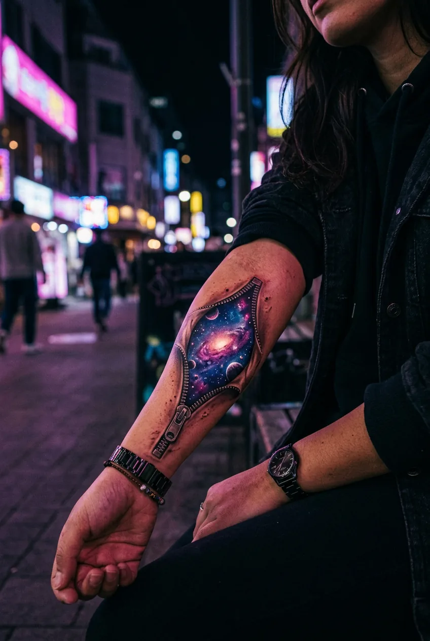 Surrealist unzipping forearm tattoo revealing galaxy interior with 3D trompe-l'oeil skin peel under neon light